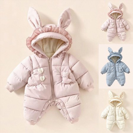 0-6 Months Newborn Baby Winter Fleece Lined Snowsuit Cute 3D Ear Hooded Padded Romper Infant Zipper Warm Jumpsuit One-Piece Romper Newborn Pajamas