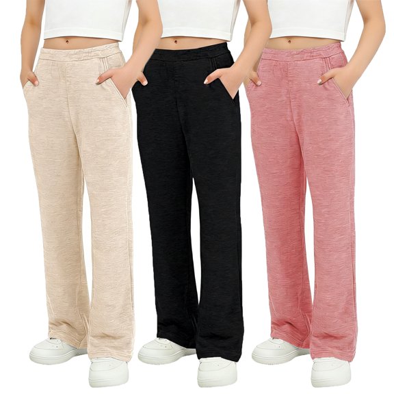 Sweatpants for Girls Boys Athletic Soft Elastic Waist Wide Leg Pants Girls with Pockets 3 Pack School Sweatpants Pants Girls Pants Size 7-8 Years
