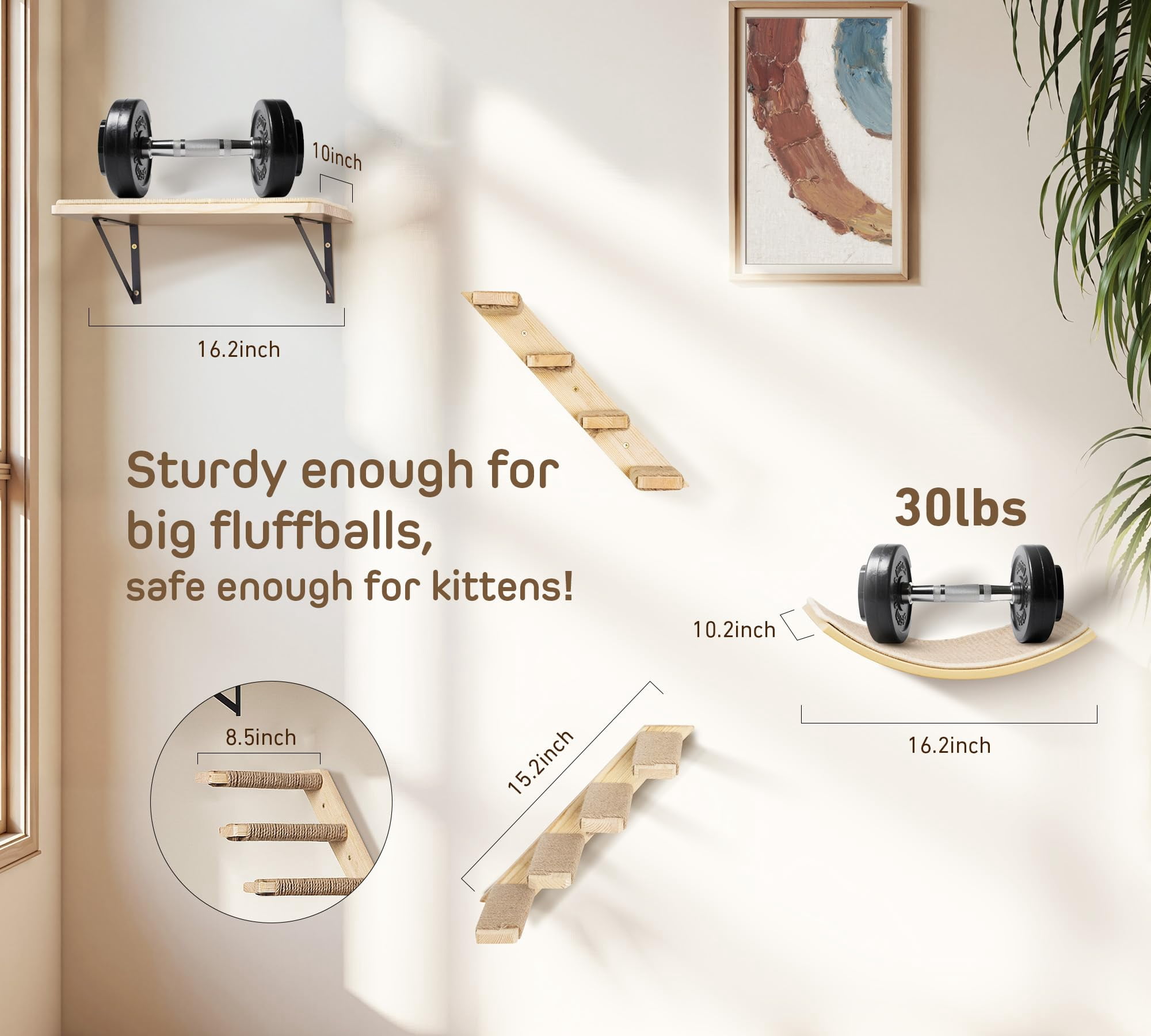 Cat Wall Shelves Set With Sisal Cats Window Perch  4 Piece Wood Climbing Furniture Curved Bed Flat Shelf & Two Wall-mounted 4 Steps Stairs