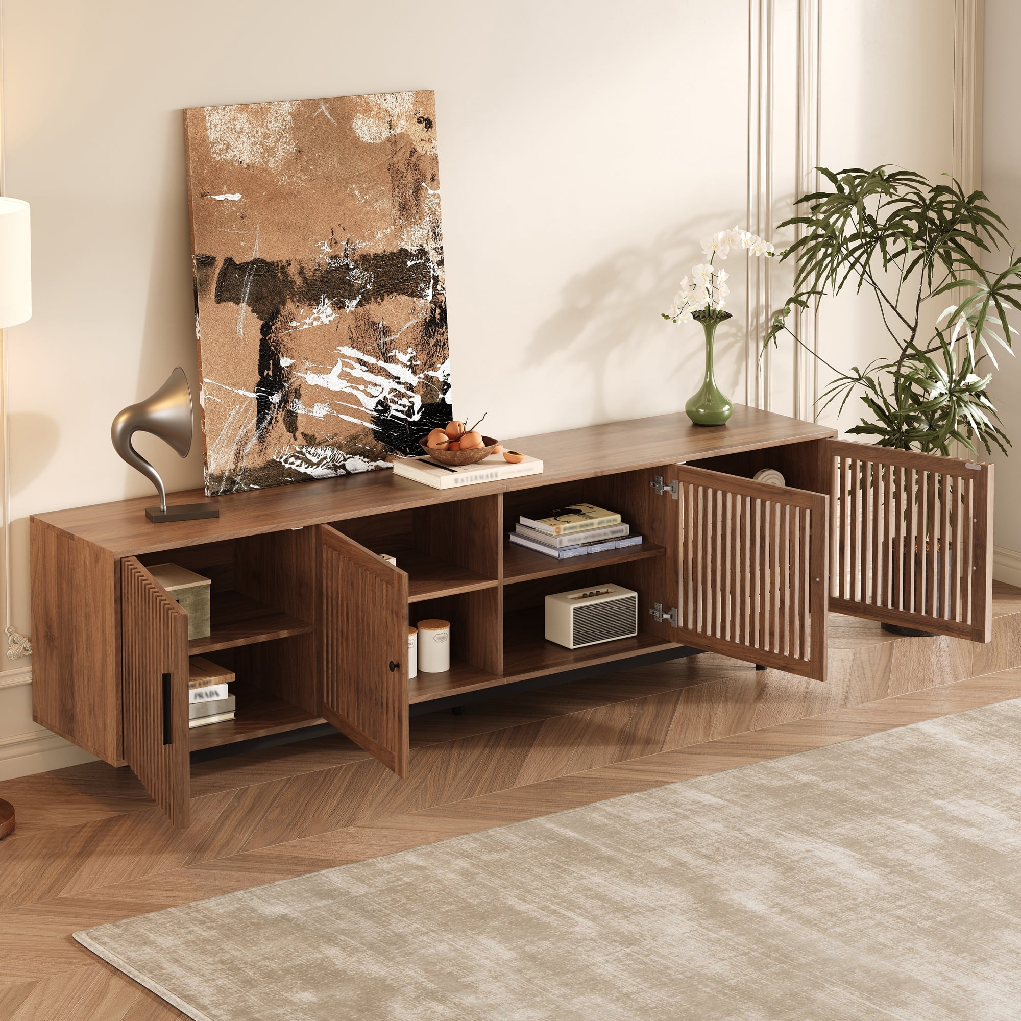 TV Stand for TVs up to 85 Inch, Entertainment Center with Slatted Doors & Cable Management, Media Console with Solid Wood Legs for Living Room