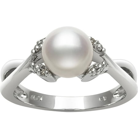 7-8mm Cultured Freshwater Pearl and Diamond Accent Sterling Silver Crisscross Ring, Size 7