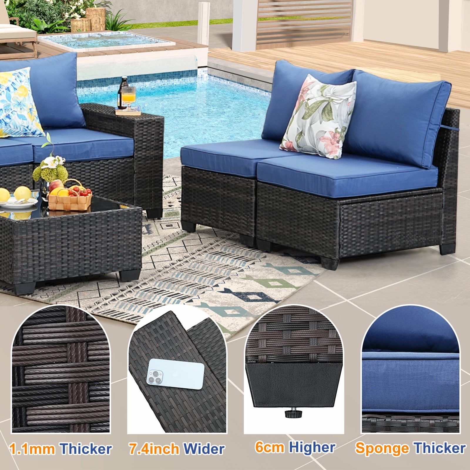 TerraRelax 8 Pieces Patio Furniture set All-Weather Outdoor Wicker Sectional Conversation Sofa Rattan patio seating sofa with cushion and Glass Table and Ottoman for Porch Poolside,Navy