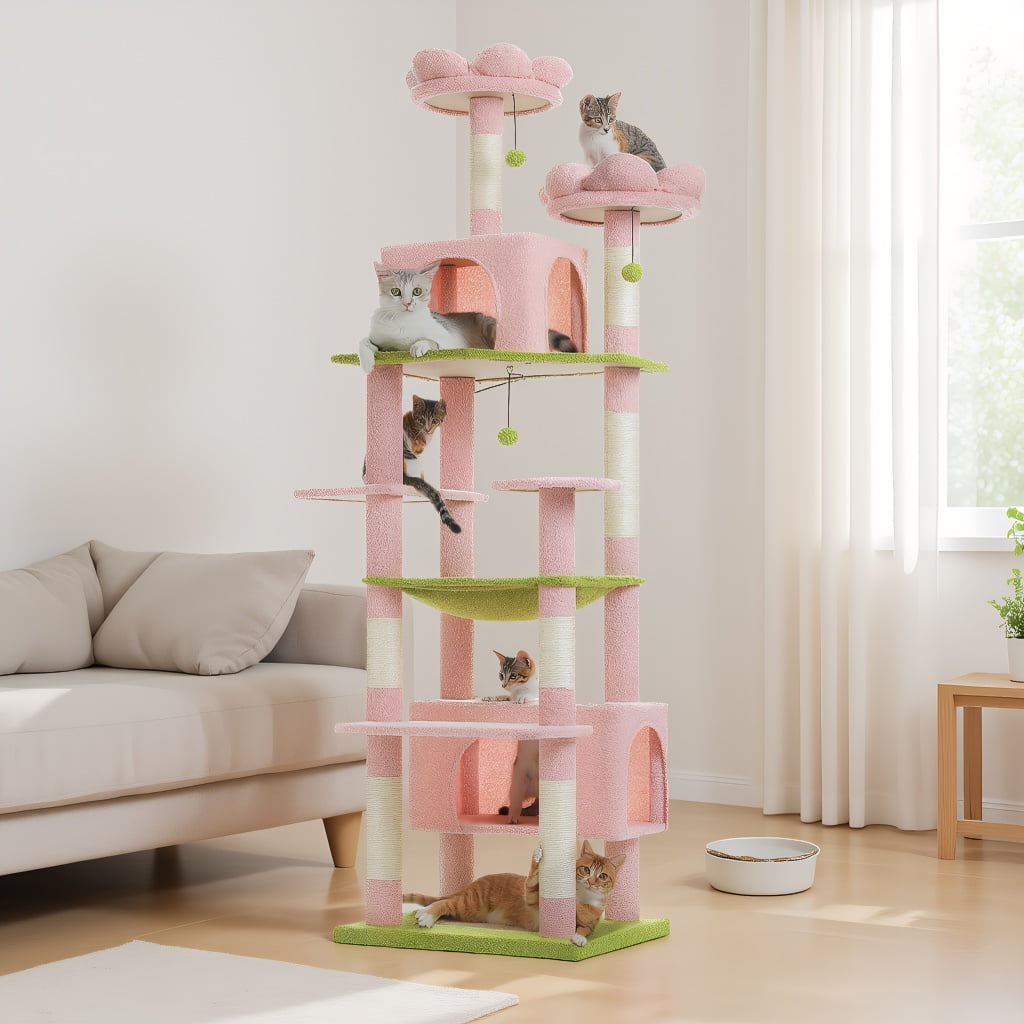 Pefilos 81" Tall Cat Tree for Large Cats, Heavy Duty Cat Tower with 2 Perches, 2 Condos and Spacious Hammock, Large Condo with 7 Scratching Posts, Pink