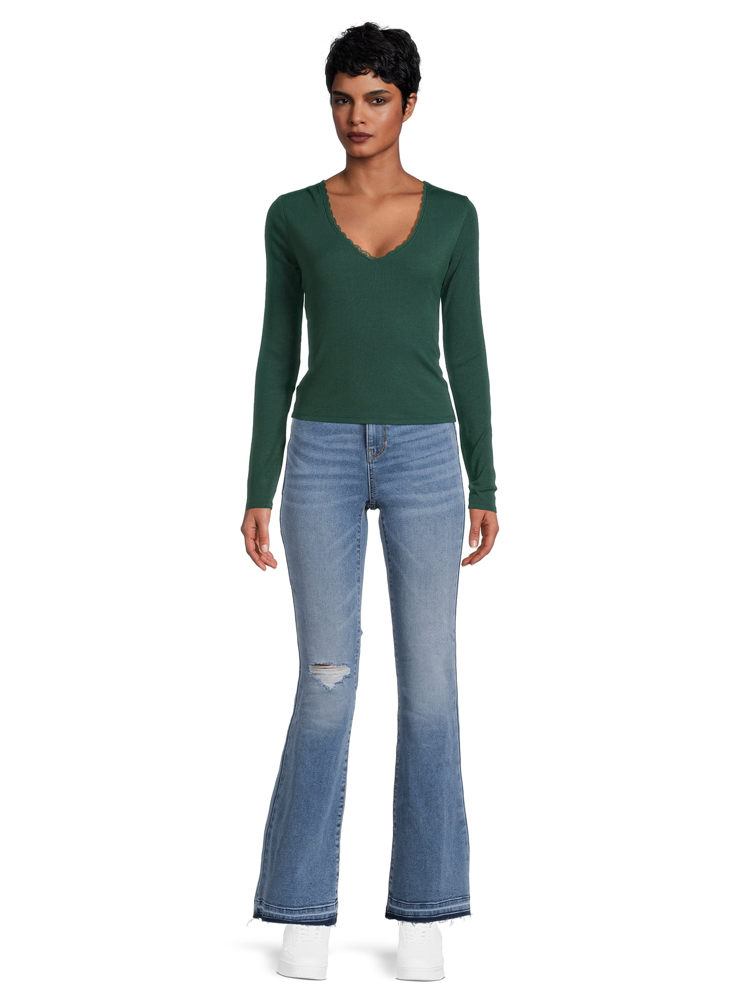 Self Esteem Juniors Lace Trim V-Neck Tee with Long Sleeves