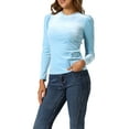 thumbnail image 4 of INSPIRE CHIC Women's Metallic Glitter Velvet Mock Neck Puff Long Sleeve Blouse Top L Light Blue, 4 of 6