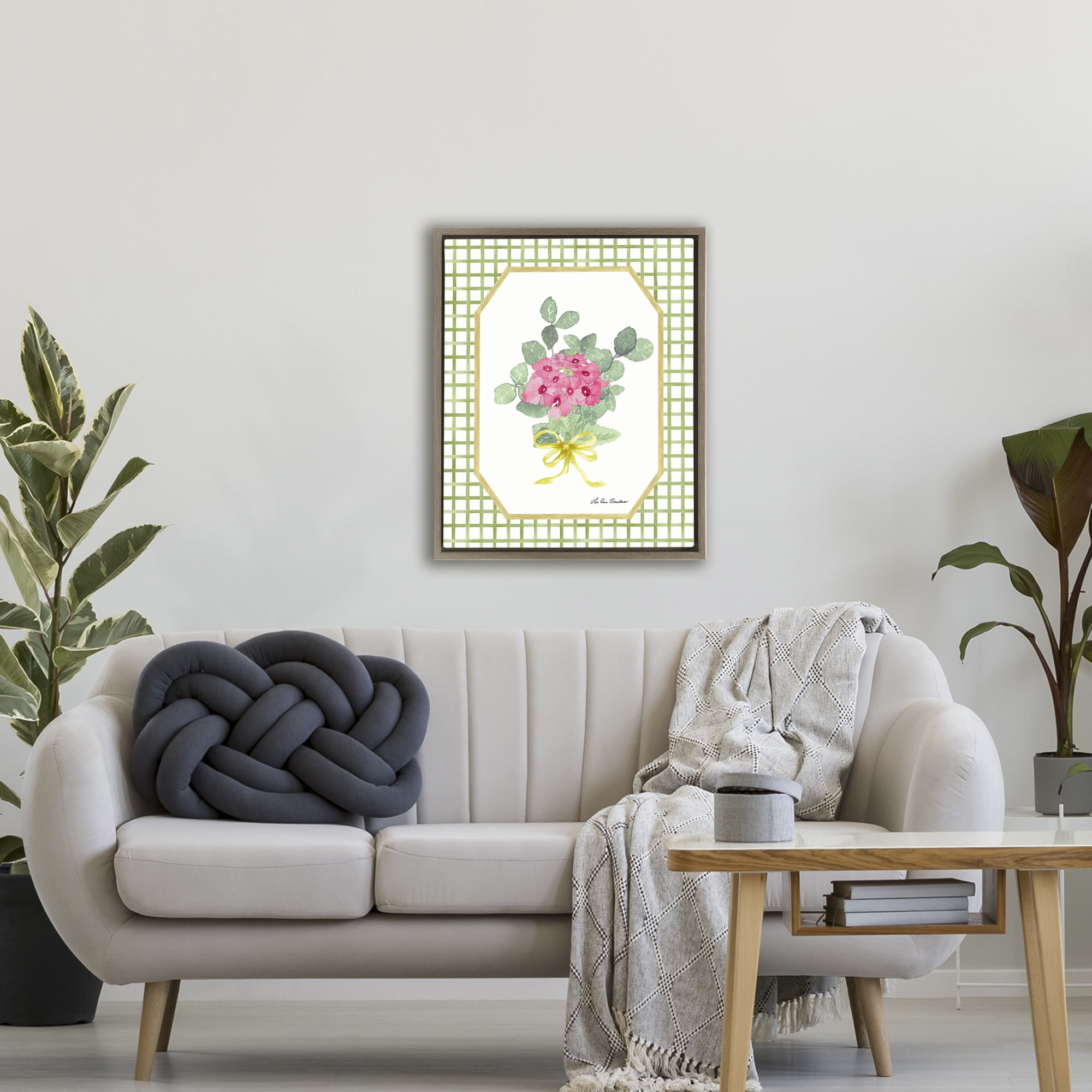 Botanical Story on Grid Pattern Brown Framed Floater Canvas Wall Art, design by Lee Ann Sanders