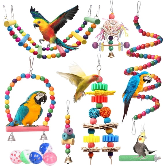Parrots Bird Toy Grudel Toys and Accessories 12 Packs, Swing Chew Tearing Saffles Ladder Climbing Bird Cage Toy for Cleaning Small Parakeets, African Grey