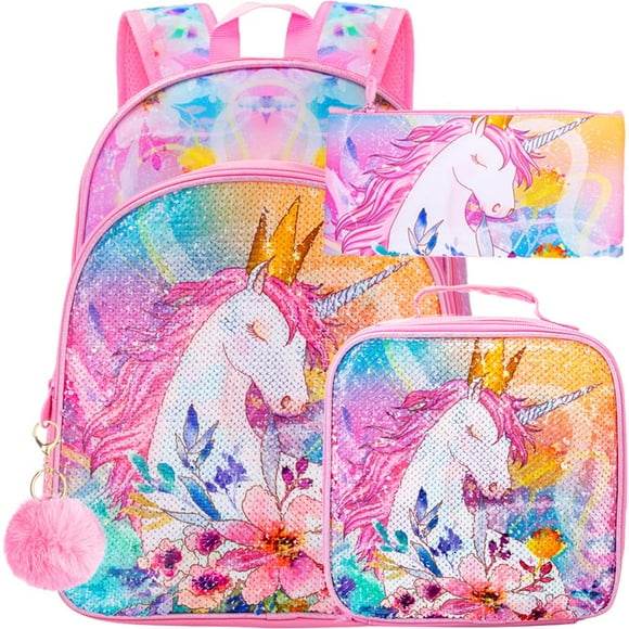Set de mochilas WZLVO Unicorn para niñas de 16 pulgadas con lonchera