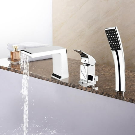Prom Deck Falls HURRISE 3Pcs 9/16 Deck Mounted Chrome Brass Bathtub Waterfall Faucet Square Handheld Shower , Square Handheld Shower Faucet , Chrome Brass Bathtub Faucet ()