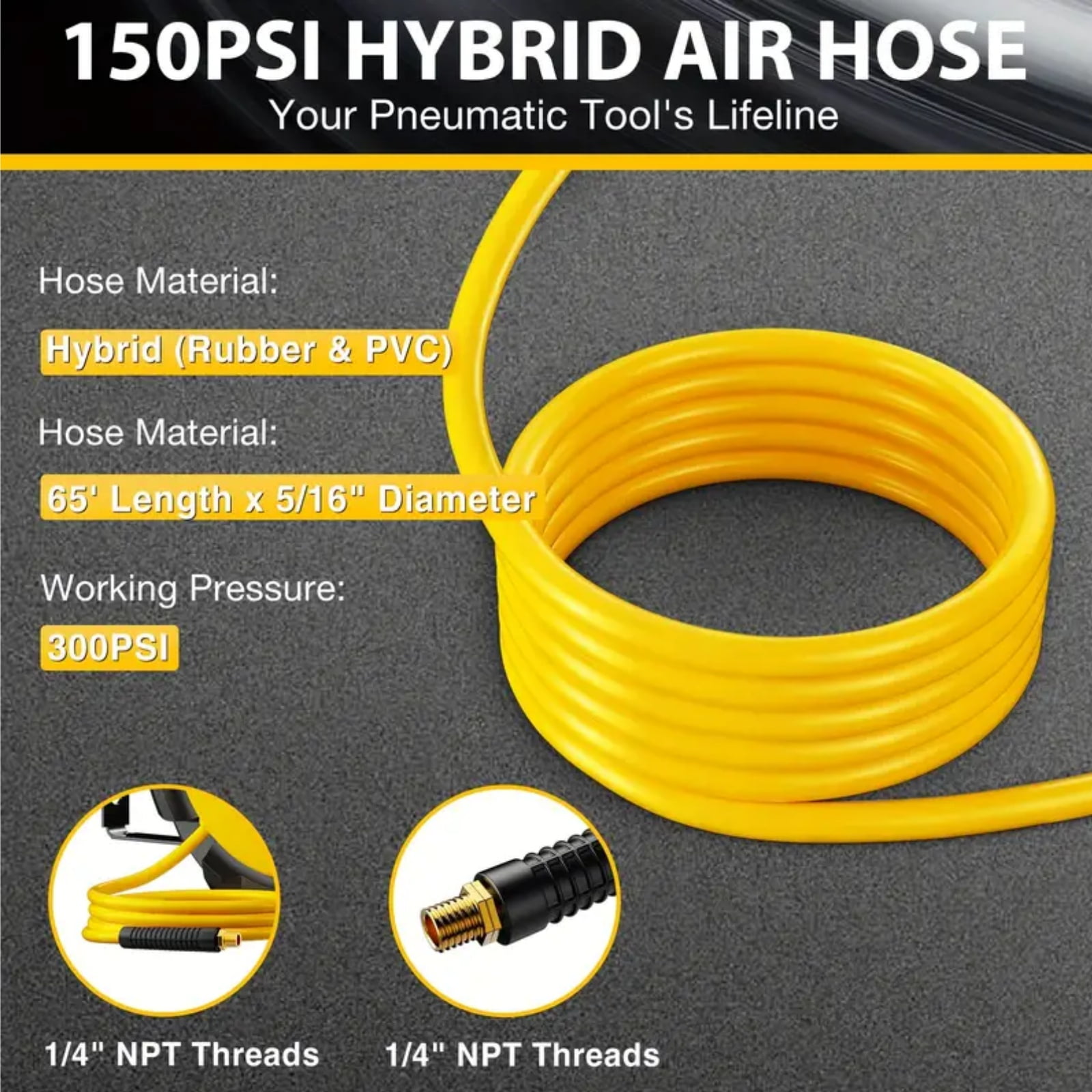 Rvchic 5/16"x65 ft Retractable Air Hose Reel with 180°Swivel & Lock,300 PSI Pneumatic Hose Reel with 6.5ft Lead-in,Any Length Lock,for Automotive Maintenance,Yellow