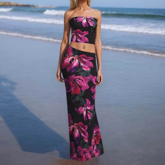 2 Piece Skirt Sets For Women Summer Floral Sleeveless Tube Top Bodycon Maxi Skirts Vacation Going Out Outfits Ladies Formal Gowns Ladies Summer Long Dresses Ladies Swimsuits Satin Formal Dress Long