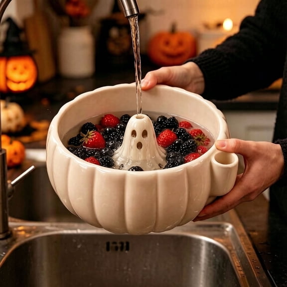Halloween Cute Ghost Pumpkin Shaped Berry Swirl Bowl - Halloween Ghost Decor Fall Berry Colander Strainer & Serving Dish With Side Spoon Rest, Cute Decorative Centerpiece For Kitchen Dining & Party