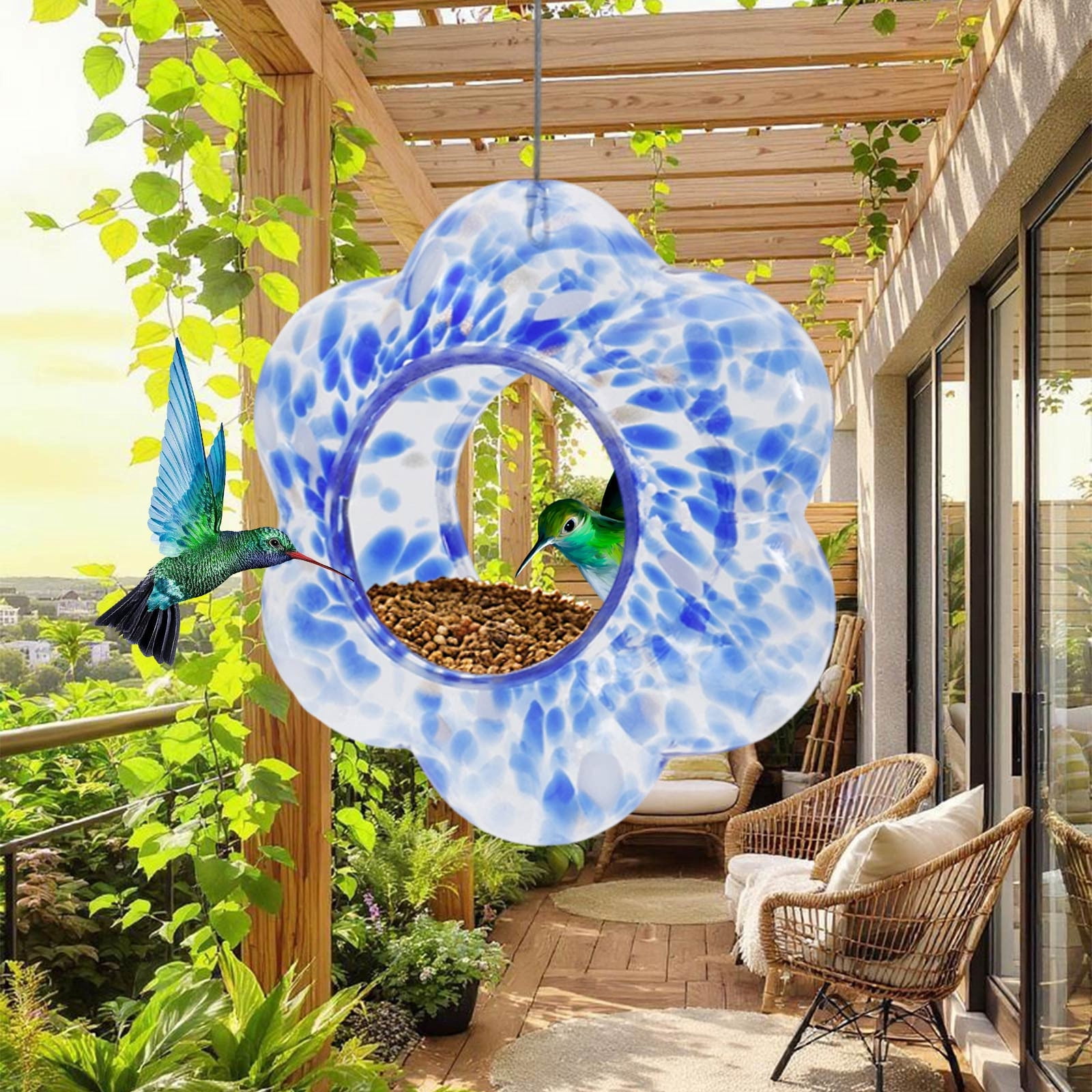 Hanging Flower-Shaped Stained Glass Hummingbirds Feeder Hand-Painteds Polka Dots Glass Designs Outdoor Garden Nectars Station with Perchs Rings Purple