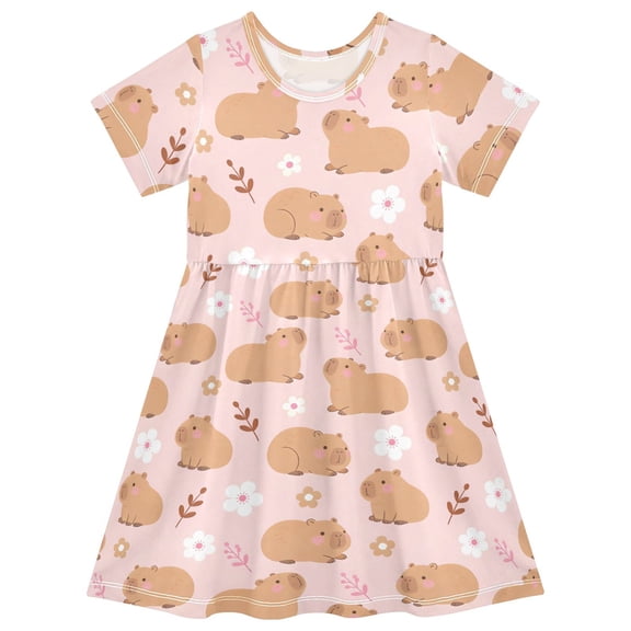 joogoo Capybara Floral Girls' Short Sleeve Dress Kids Dresses 5-6T