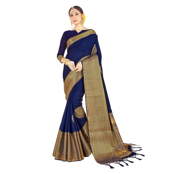 Sarees for Women Banarasi Art Silk Woven Sari - Indian Diwali Gift Festival Saree & Unstitched Blouse Navy Blue
