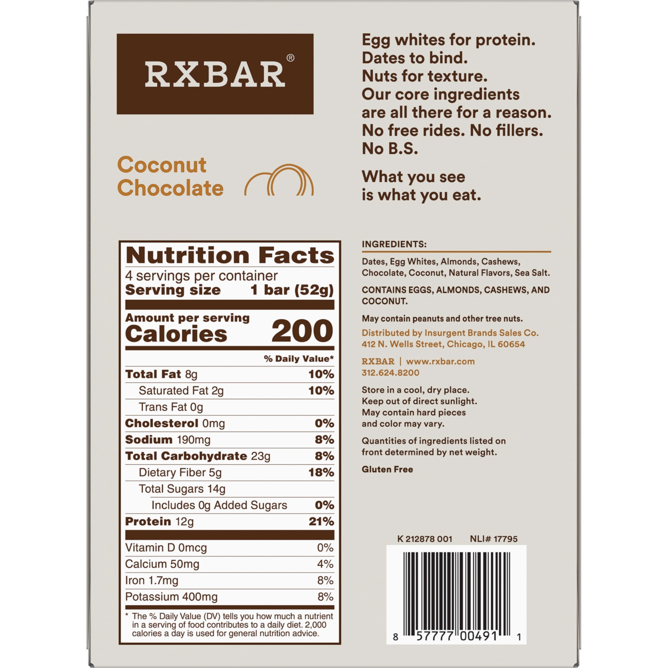 RXBAR Gluten-Free Coconut Chocolate Chewy Protein Bars, 12g Protein, 7.32 oz, 4 Count
