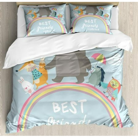 Kids Girls Queen Size Duvet Cover Set, Best Friends Forever Quote with Happy Animals Walking on Rainbow Bear Fox Rabbit, Decorative 3 Piece Bedding Set with 2 Pillow Shams, Multicolor, by