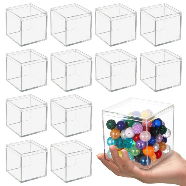 12 cajas de acrílico transparente, pequeñas cajas transparentes con tapas, cubo cuadrado de plástico de 3.9 × 3.9 × 3.9 pulgadas, caja de exhibición cuadrada, cajas de contenedores transparentes para