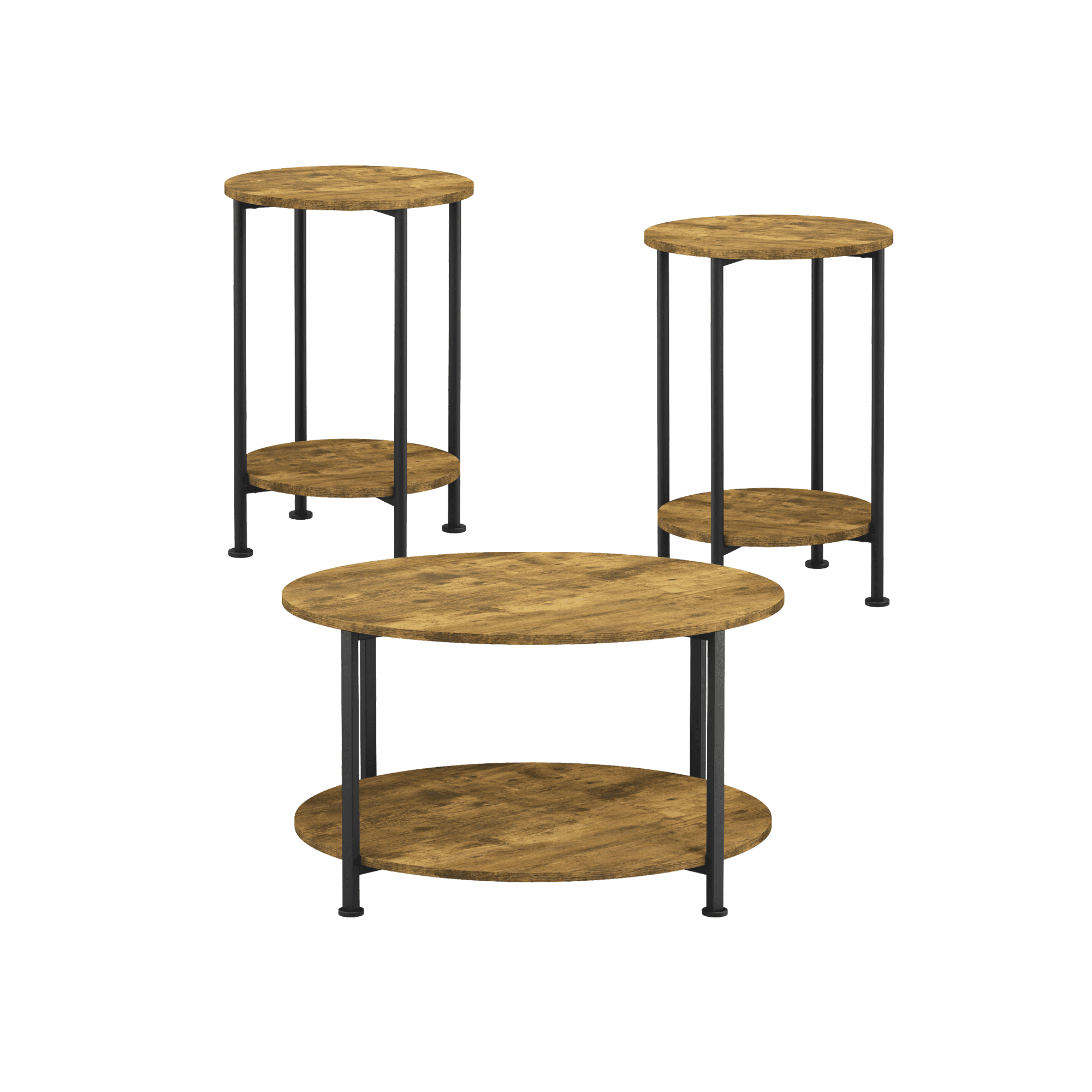 3-Piece Coffee Table and End Table Sets for Living Room, Round Coffee and End Table Set of 3 with Large Storage, Modern Farmhouse Furniture for Apartment Home (Rustic Brown)