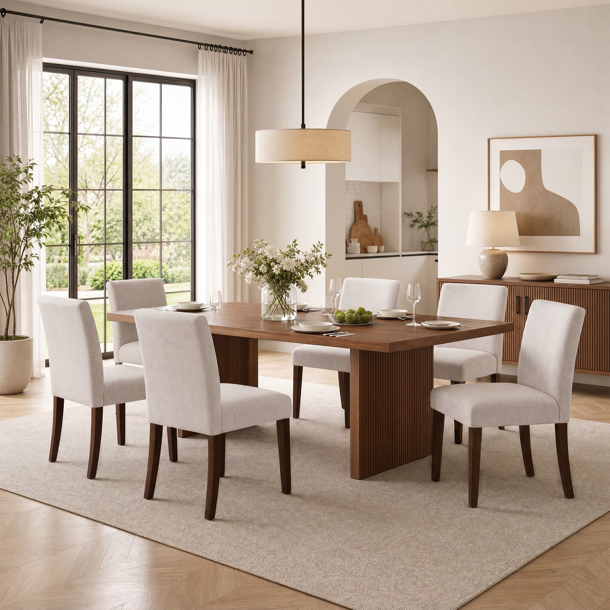 Upholstered Fabric Dining Chairs Set of 2 with Wood Legs, Modern Parsons Chairs with High Back for Kitchen, Dining Room, or Restaurant, Beige