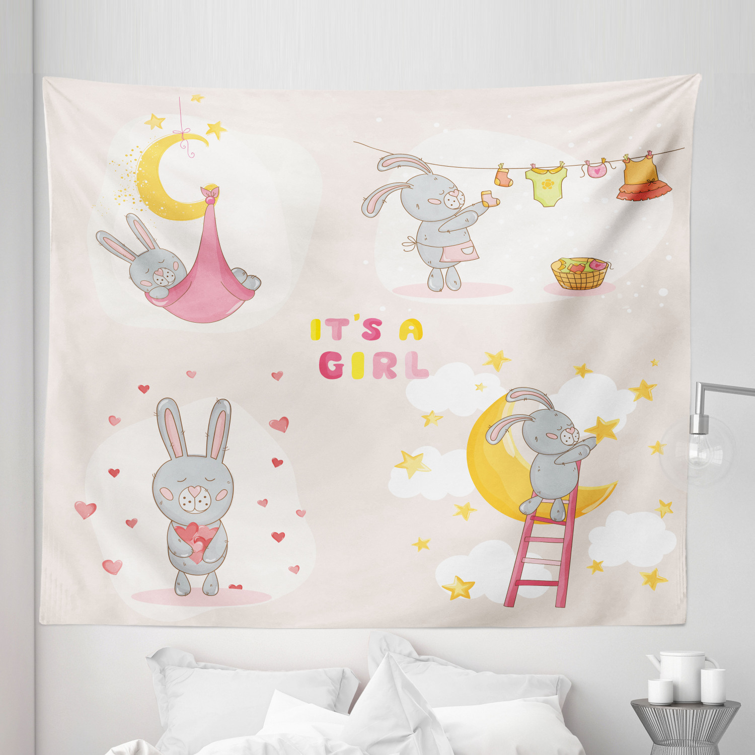 Feminine Tapestry, Bunny Rabbit Sleeping Doing Laundry Picking Stars ...