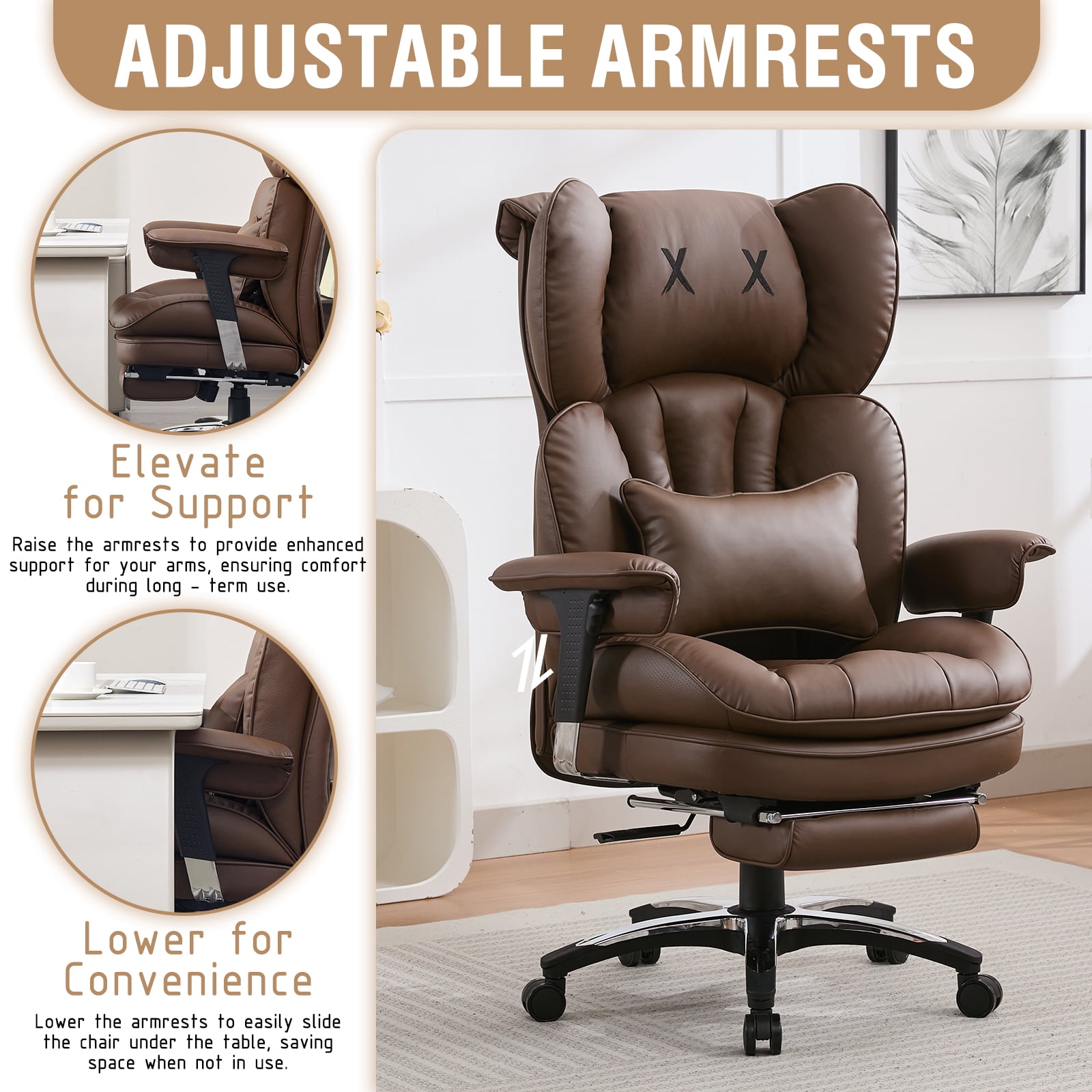 ATMILD 400lbs Big and Tall Ergonomic Office Chair Comfortable PU Leather Executive Desk Chair with Footrest and Lumbar Support (Brown)