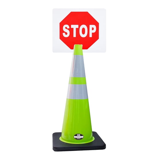 RK-Safety 28" Lime Cone, Black base With Two Reflective Tape, Plus Cone Sign 20 "STOP", (Cone-2 ea   Cone Sign-2 ea)