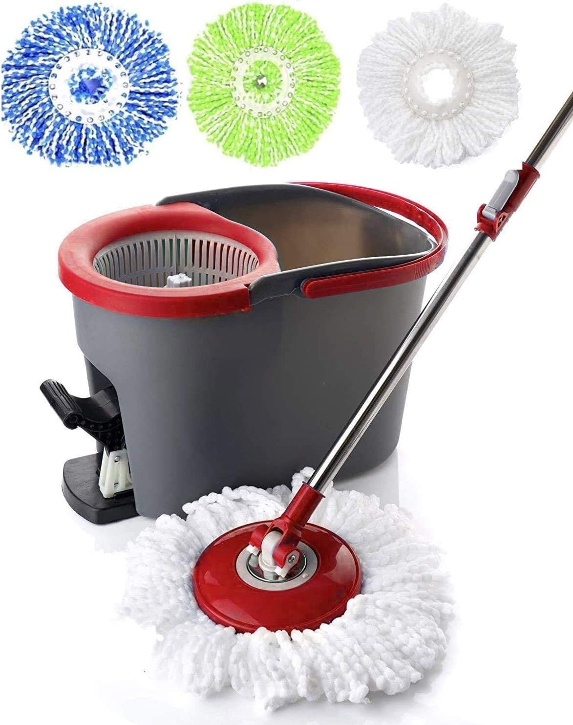 Simpli-Magic 360 Spin Mop and Bucket with Foot Pedal and Soap Dispenser & 3 Microfiber Heads, Red/Black