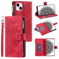 thumbnail image 2 of Compatible with Galaxy iPhone 13 Case Wallet for Women, Mandala Floral Embosssed PU Leather Folio Zipper Cover Magnetic Flip Book Case with Card Holder Wrist Strap,Red, 2 of 9