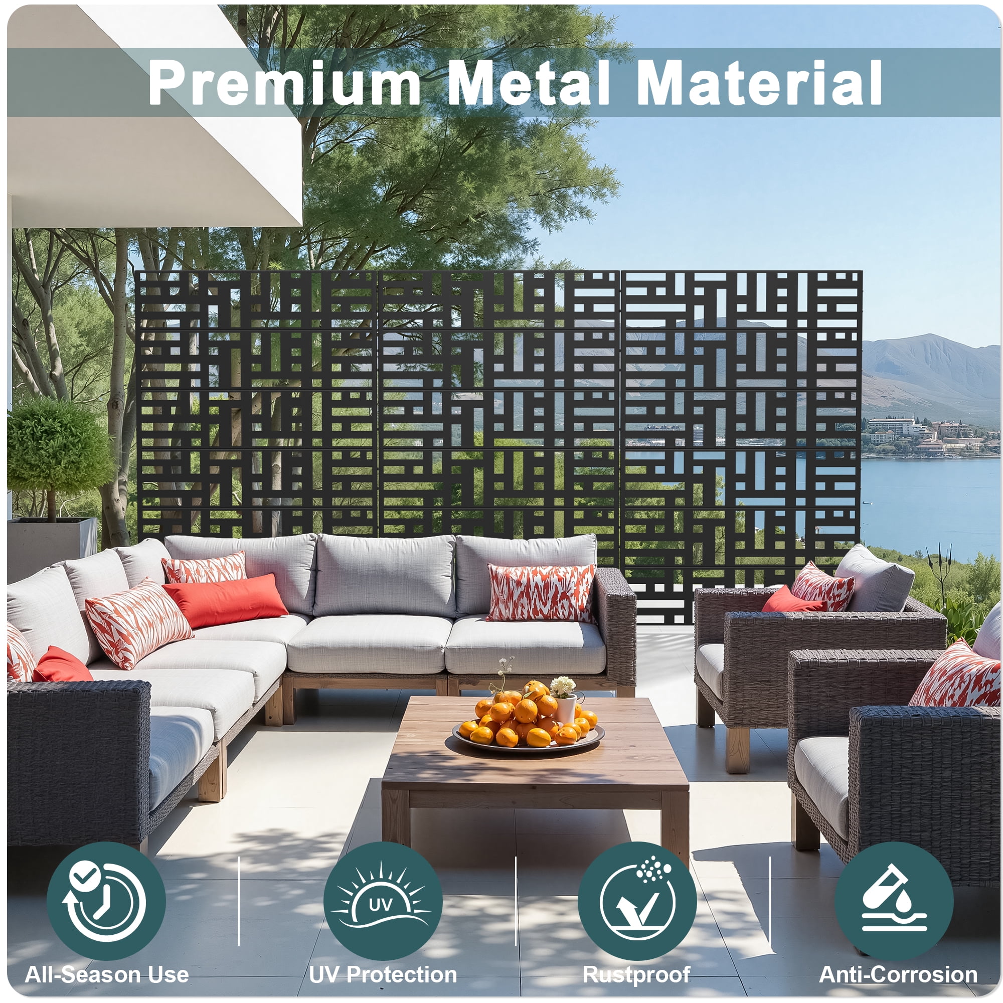 MAYEERTY 2-Piece 72×47" Outdoor Black Metal Privacy Panel Screen for Backyard & Garden, Geometric Maze Pattern