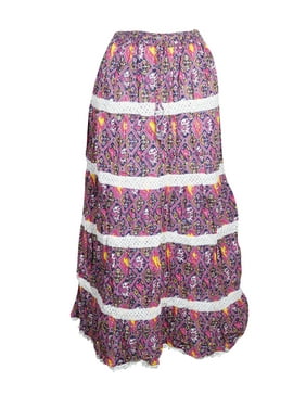 Mogul Women Pink Blue Maxi Skirt Printed Cotton Gypsy chic Skirts S/M