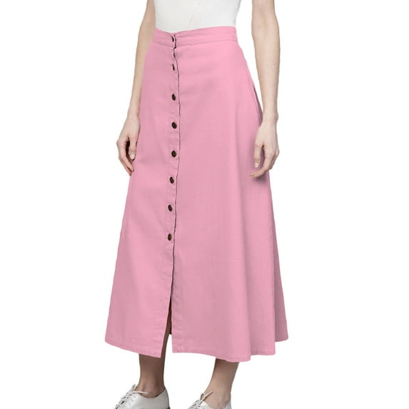 Women's Cotton A-line Button Front High Waist Front Slit Knee Length Skirt, Color : Baby Pink, Size: M