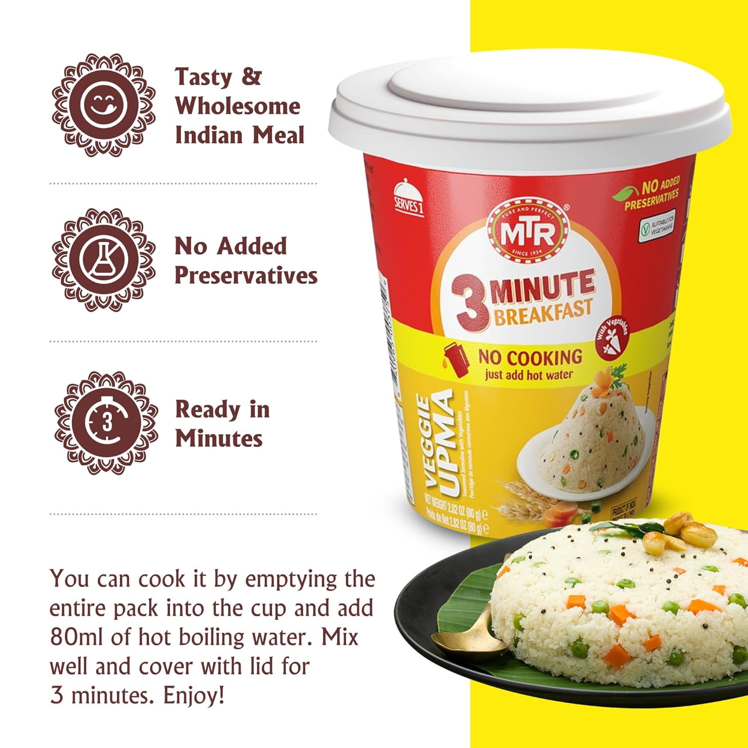 MTR 3 Minute Veggie Poha (80g, Pack of 2) – Instant Indian Snack, No Preservatives, Ready in 3 Mins, Just Add Water, Perfect Vegetarian On-the-Go Cup