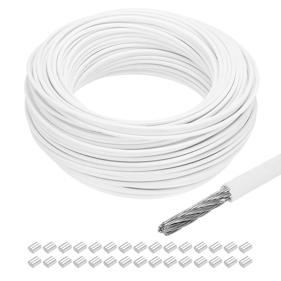 Uxcell 164Ft(50M) Wire Rope 304 Stainless Steel Cable 1/8"(3mm) Vinyl Coated with 30Pcs Aluminum Sleeves White