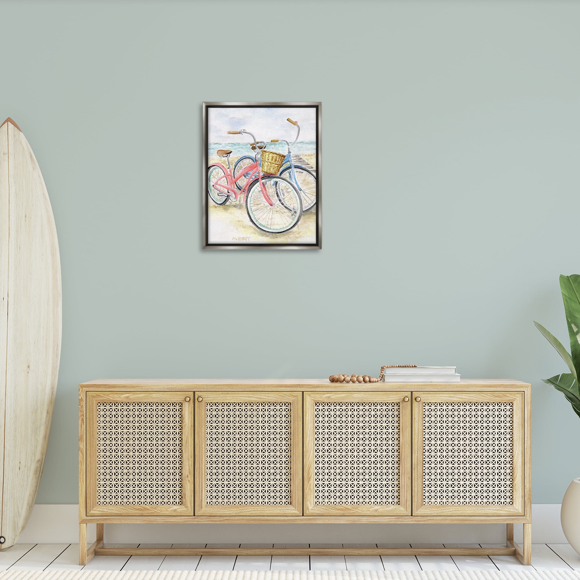 Stupell Industries Beach Bikes Parked Transportation Painting Gray Floater Framed Canvas Art Print Wall Art, 25 x 31