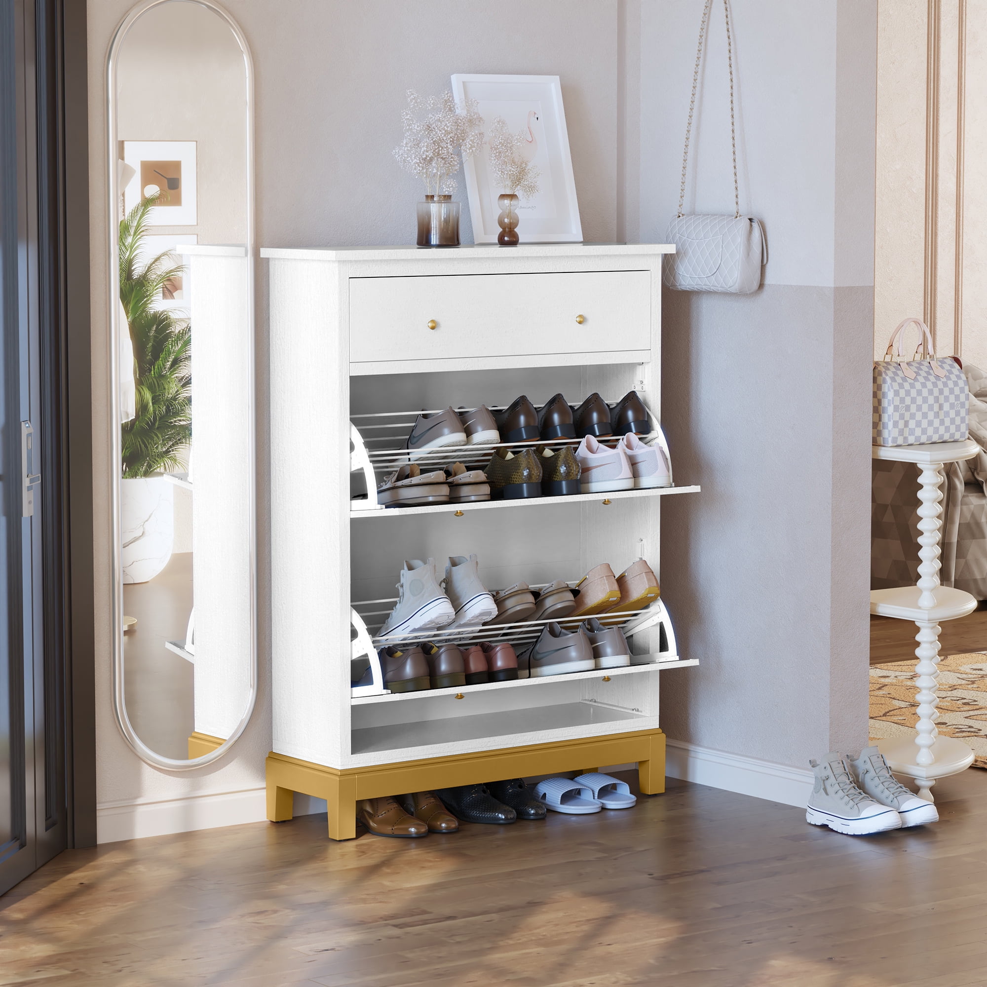 HLR Space Saving Shoe Cabinet, 2 Flip Doors, 1 Drawer, Green HLR Space Saving Shoe Cabinet, 2 Flip Doors, 1 Drawer, Green