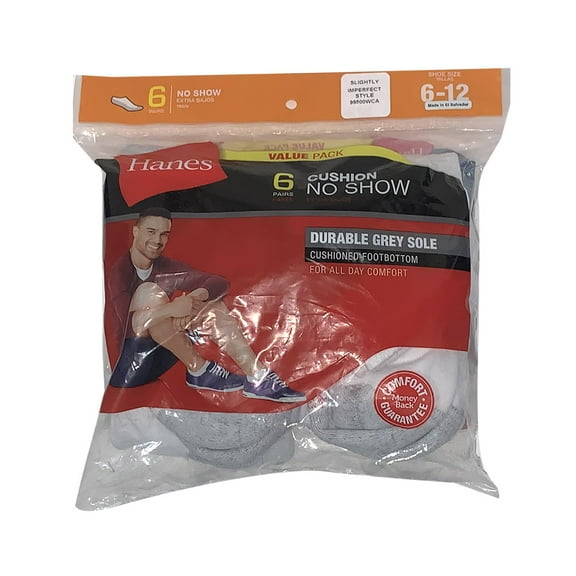 Hanes Adult Mens 6 Pack Durable Cushioned Grey Heel No Show Socks White 10-13