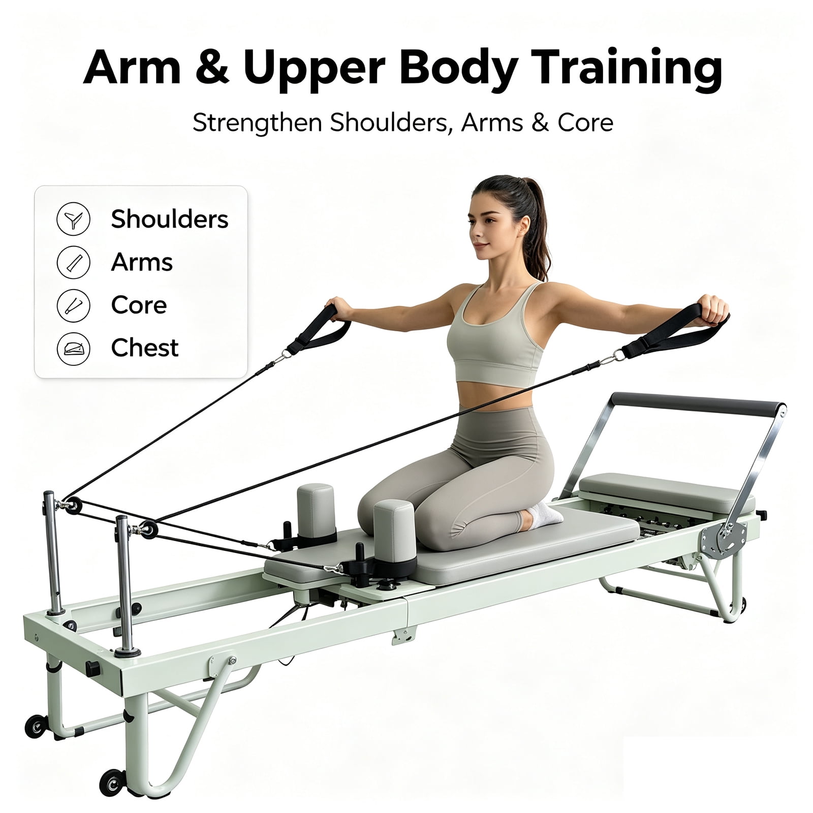 Pilates Reformer Workout Machine, Low Impact Adjustable Resistance Toning Equipment with Foot Straps for Home Exercise & Recovery