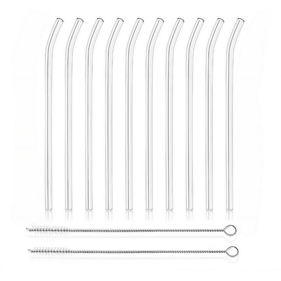 12 reusable borosilicate glass straws and brushes, measuring 7 inches x 8 millimeters, including 10 elbows and 2 straw brushes. Reusable straw brushes for juice, coffee, and cocktails