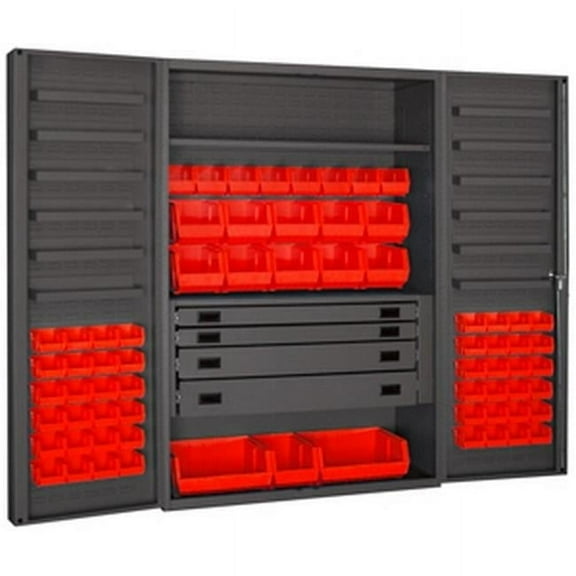 14 Gauge 12 Door Shelves Lockable Cabinet with 69 Red Hook on Bins & 1 Adjustable Shelf & 4 Drawers, Gray - 48 x 24 x 72 in.