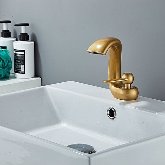 SOKNARKU Bathroom Sink Basin Waterfall Faucet Brass Deck Mount Single Hole Single Handle Cold And Hot Mixed Modern Creative Design Tap Including Two US Standard 3/8 Hoses Gold