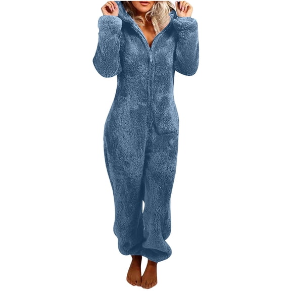 Ayolanni Winter Women Jumpsuit Long Sleeve Fleece Blue Hooded Loungewear Solid Zipper Jumpsuits Girls Jumpsuits