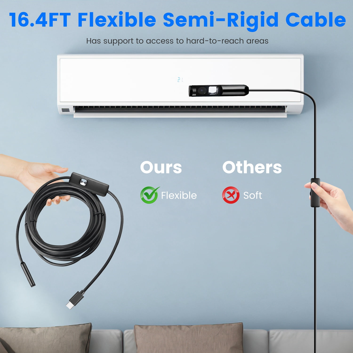 (*YYL-Design*)--Endoscope Camera 1920P HD IP67 Waterproof Inspection Borescope Tool With Light And 8 & 1 Dual Lens 16.4ft Semi Rigid Snake Cable Stepless Brightness APP Control For IOS And Android.;[