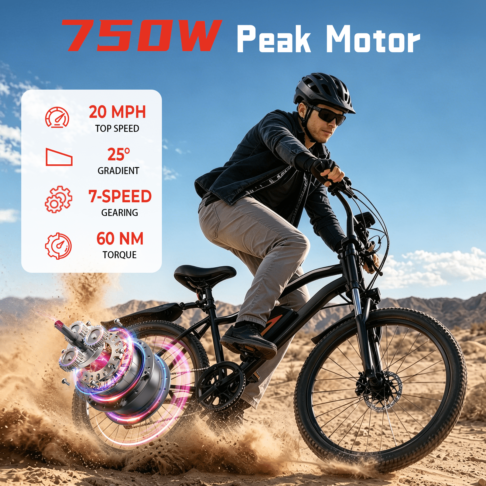 iSinwheel 750W Peak Electric Bike Adult,26" Mountain Bicycle Professional,Front Dual Shock Absorption Ebike,Up 20MPH,55 Miles,35 Speed,42V 13AH Removable Battery,Black