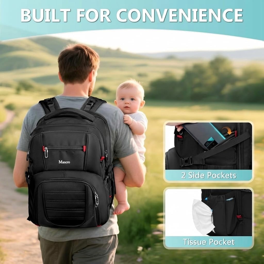 Dad Diaper Bag Backpack - Large Waterproof Travel Baby Bag for Men with Detachable Bottle Bag & Insulated Pocket, Black