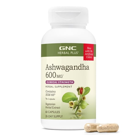 GNC Herbal Plus Ashwagandha 600mg Supplement, Clinical Strength, Vegetarian, Stress Relief Support, 60 Capsules, 30 Servings