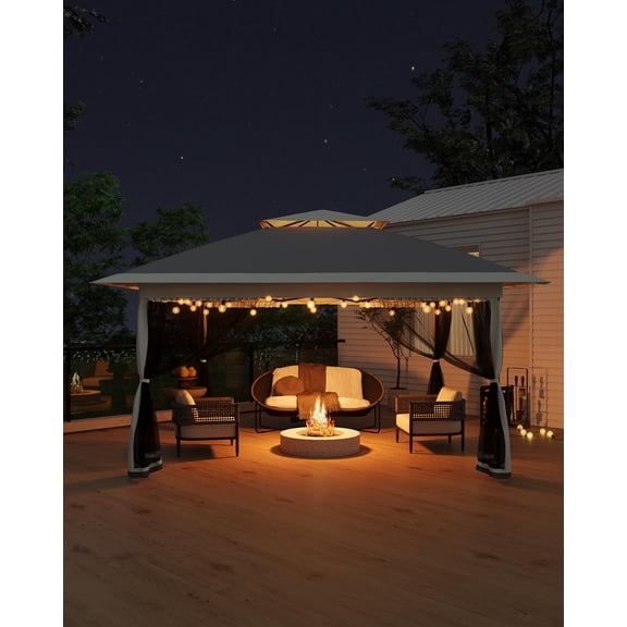 Acekid Pop Up Canopy Tent 12X12 FT, One-Push Gazebo with Mosquito Netting & Sandbags, Gray