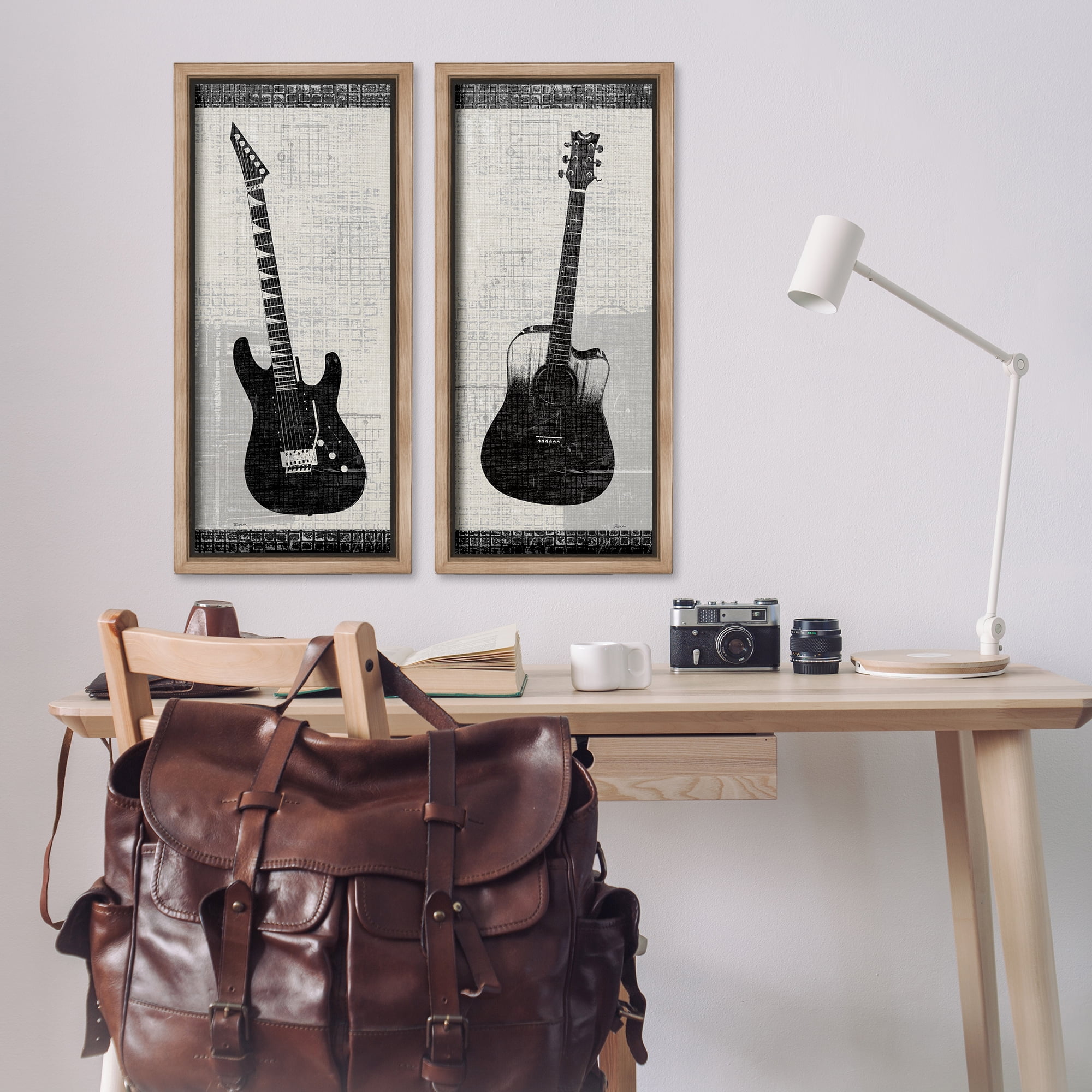 Stupell Industries Electric Acoustic Guitar Entertainment Painting Brown Floater Framed Canvas Art Print Wall Art, 14 x 31, Set of 2