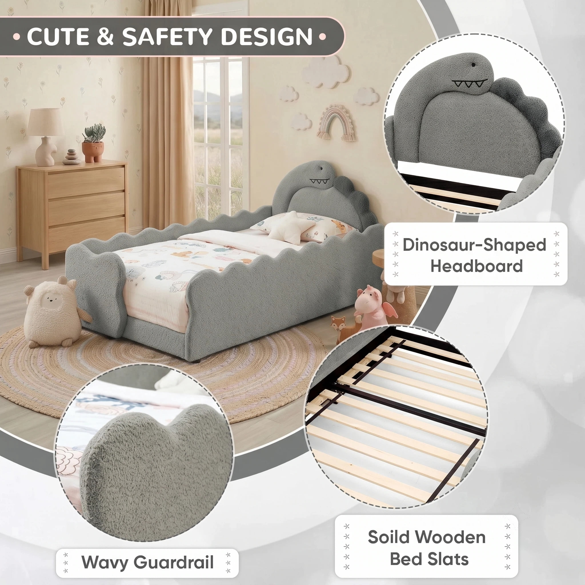 AISWORD Twin Size Kids Bed with Dinosaur Headboard, Upholstered Daybed with Slats Support & Side Pocket, Space-Saving Wooden Corner Sofa Bed, Grey