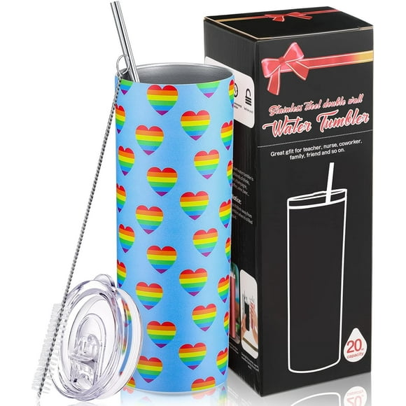 GHSDFBB Rainbow Pride Flag Tumbler, Gay Pride Lesbian LGBT Pansexual Gift, Rainbow Striped Water Mug, LGBT Awareness Month Gifts, 20 oz Stainless Steel Insulated Water Tumbler with Straw Lid